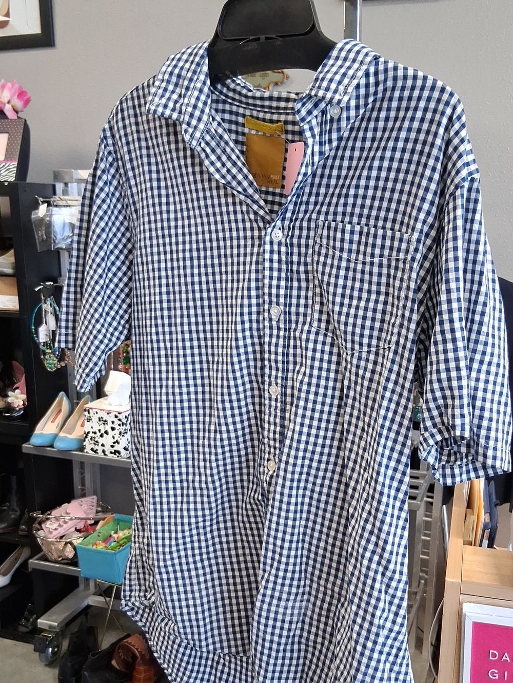 Men's Navy & White Gingham Button-Down Shirt